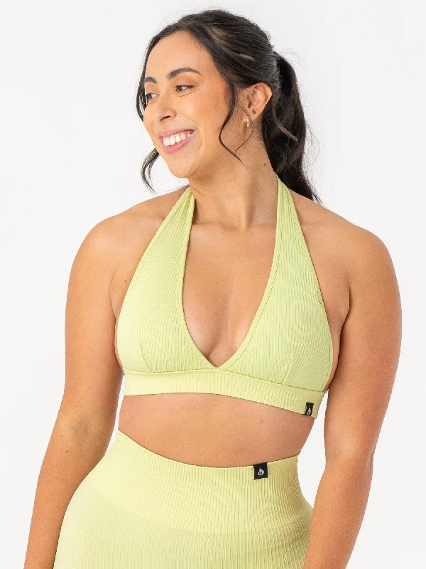 Rib Seamless Halter Sports Bra - Lime Push-Up Bra Set