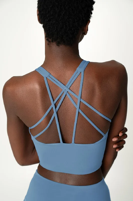 3 for $49! Sky Blue Kelly Multi-Strap Back Long Line Padded Sports Bra - Women Seamless Sports Bra