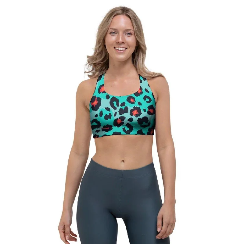 Teal Leopard Sports Bra Breathable Full Coverage