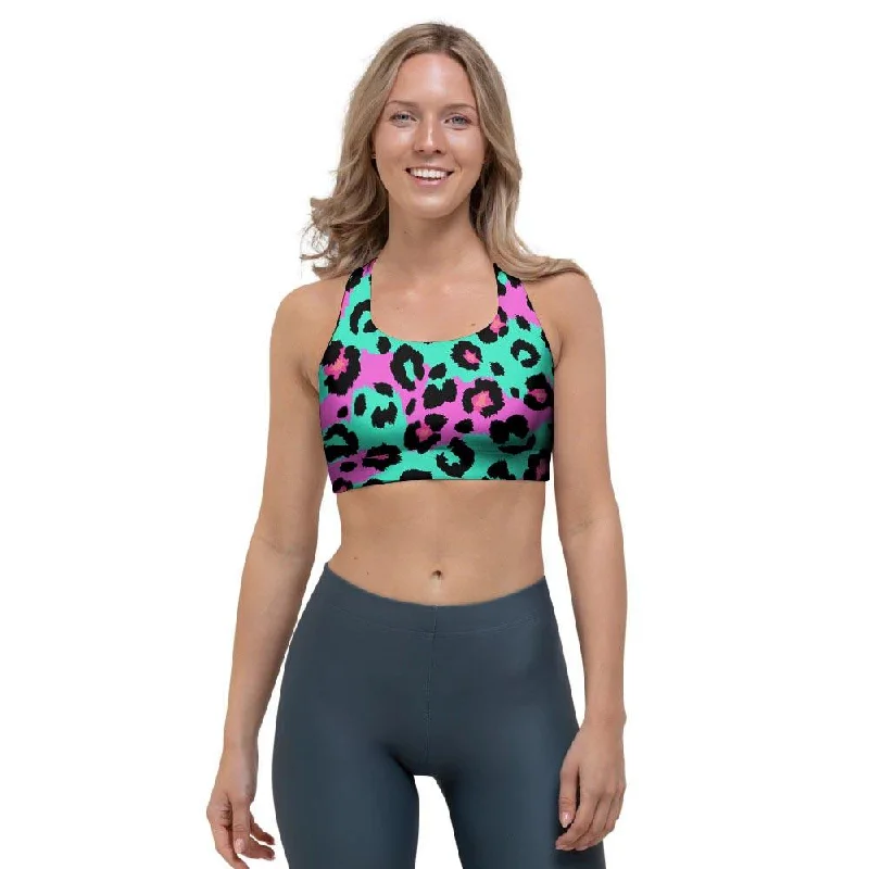 Teal Pink Leopard Sports Bra Casual Bralette Set