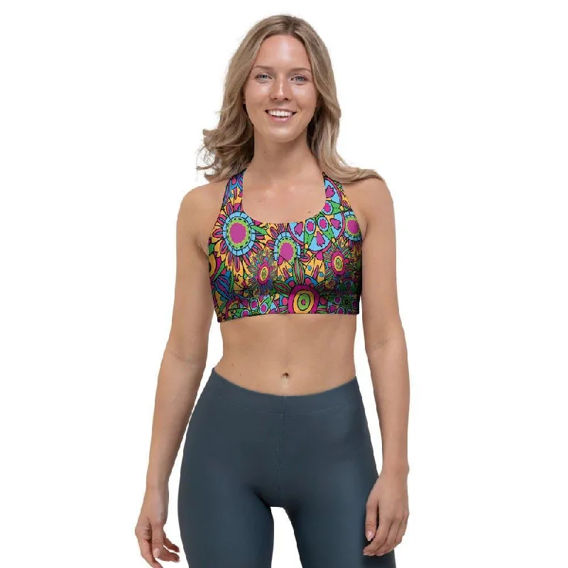 Trippy Psychedelic Floral Sports Bra Push-Up Bralette Set