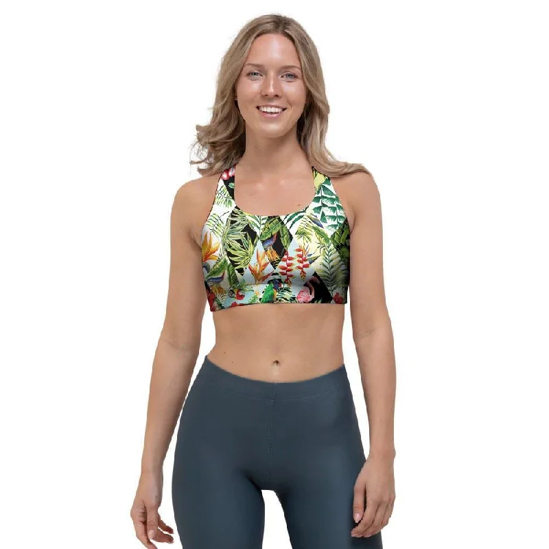 Tropical Bird Patchwork Print Sports Bra Supportive Wireless Bra