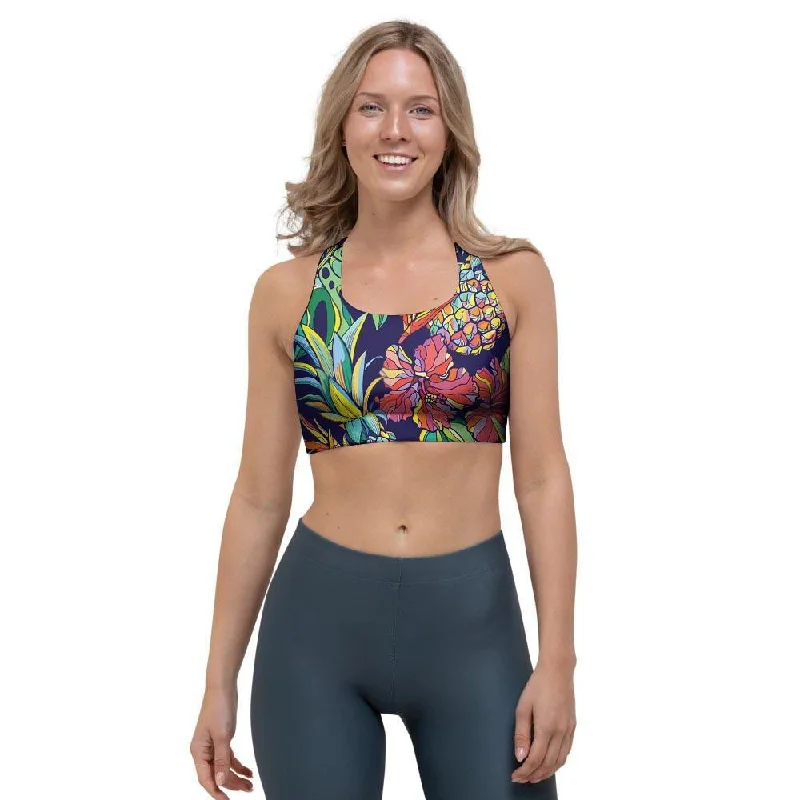 Tropical Floral Pineapple Print Sports Bra Push-Up Bra Set