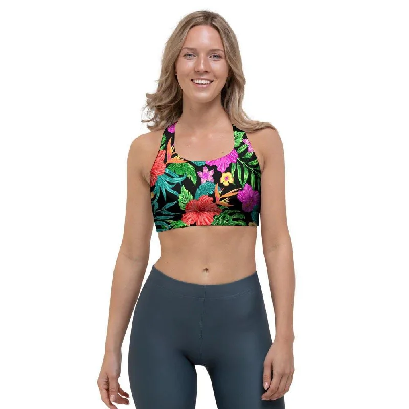 Tropical Hibiscus Floral Hawaiian Print Sports Bra Adjustable Comfort Bra