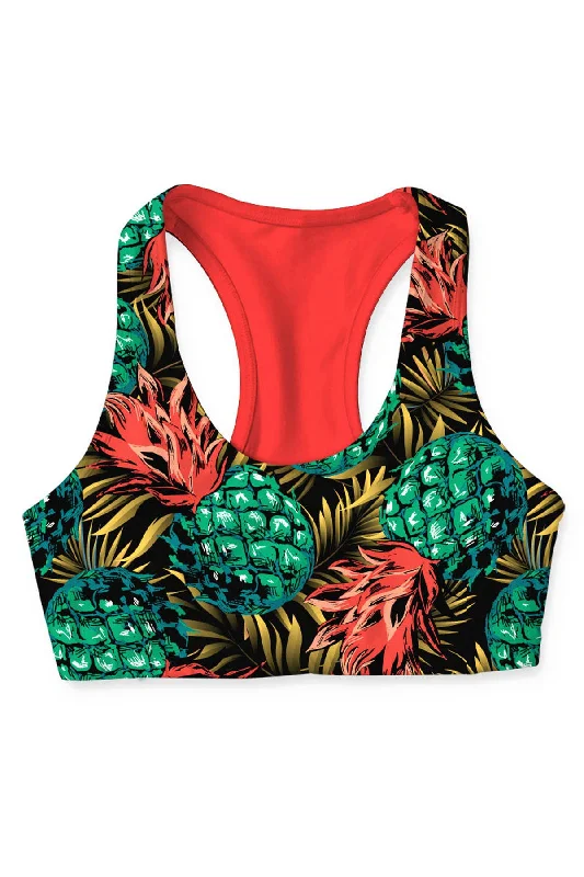 Tropicana Stella Neon Coral Pineapple Print Seamless Yoga Bra - Women Lightly Padded Bra