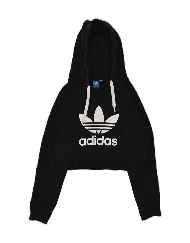 ADIDAS Womens Crop Graphic Hoodie Jumper UK 14 Medium Black Cotton Hoodie with Button Placket Classic Preppy ADIDAS Womens Crop Graphic Hoodie Jumper UK 14 Medium Black Cotton Hoodie with Button Placket Classic Preppy
