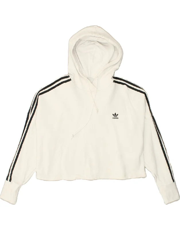 ADIDAS Womens Crop Hoodie Jumper UK 12 Medium White Cotton Hoodie with Mock Neck Collared Structured ADIDAS Womens Crop Hoodie Jumper UK 12 Medium White Cotton Hoodie with Mock Neck Collared Structured