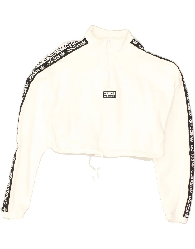 ADIDAS Womens Crop Zip Neck Sweatshirt Jumper UK 12 Medium White Cotton Hoodie with Hem Frayed Vintage Worn ADIDAS Womens Crop Zip Neck Sweatshirt Jumper UK 12 Medium White Cotton Hoodie with Hem Frayed Vintage Worn