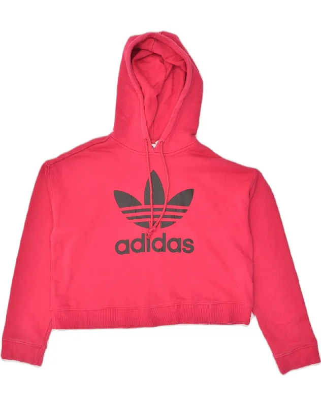 ADIDAS Womens Graphic Hoodie Jumper UK 14 Large Pink Cotton Hoodie with Emblem Brand Identity ADIDAS Womens Graphic Hoodie Jumper UK 14 Large Pink Cotton Hoodie with Emblem Brand Identity
