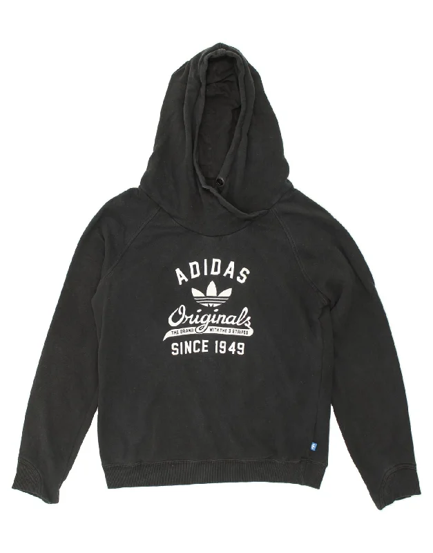 ADIDAS Womens Graphic Hoodie Jumper UK 16 Large Black Cotton Hoodie with Puffed Sleeves Voluminous Trendy ADIDAS Womens Graphic Hoodie Jumper UK 16 Large Black Cotton Hoodie with Puffed Sleeves Voluminous Trendy