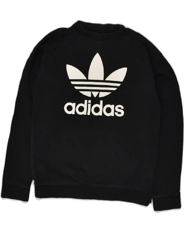 ADIDAS Womens Graphic Sweatshirt Jumper UK 12 Medium Black Cotton Hoodie with Front Slit Layering Stylish ADIDAS Womens Graphic Sweatshirt Jumper UK 12 Medium Black Cotton Hoodie with Front Slit Layering Stylish