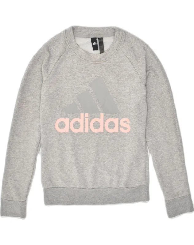ADIDAS Womens Graphic Sweatshirt Jumper UK 4-6 XS Grey Cotton Hoodie with Exposed Zipper Edgy Industrial ADIDAS Womens Graphic Sweatshirt Jumper UK 4-6 XS Grey Cotton Hoodie with Exposed Zipper Edgy Industrial