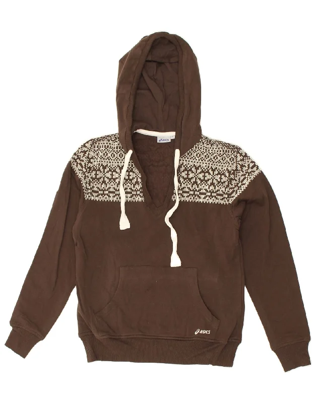 ASICS Womens Hoodie Jumper UK 10 Small Brown Fair Isle Cotton Hoodie with Exposed Zipper Edgy Industrial ASICS Womens Hoodie Jumper UK 10 Small Brown Fair Isle Cotton Hoodie with Exposed Zipper Edgy Industrial