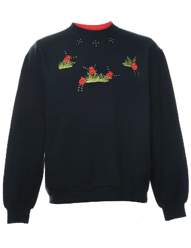 Black & Red Round Neck Embroidered Sweatshirt - M Hoodie with Belted Waist Structured Tailored Black & Red Round Neck Embroidered Sweatshirt - M Hoodie with Belted Waist Structured Tailored