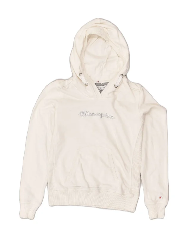 CHAMPION Womens Graphic Hoodie Jumper UK 12 Medium White Cotton Hoodie with Hem Ribbing Snug Secure CHAMPION Womens Graphic Hoodie Jumper UK 12 Medium White Cotton Hoodie with Hem Ribbing Snug Secure