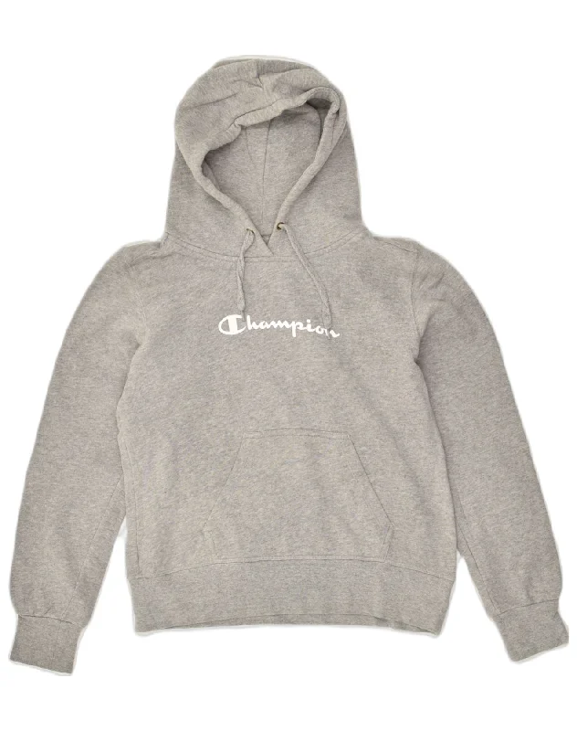 CHAMPION Womens Graphic Hoodie Jumper UK 14 Medium Grey Cotton Hoodie with Front Slit Layering Stylish CHAMPION Womens Graphic Hoodie Jumper UK 14 Medium Grey Cotton Hoodie with Front Slit Layering Stylish