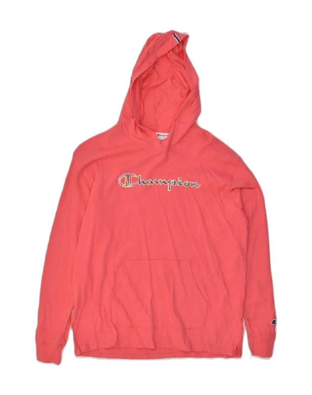 CHAMPION Womens Graphic Hoodie Jumper UK 14 Medium Pink Cotton Hoodie with Exposed Zipper Edgy Industrial CHAMPION Womens Graphic Hoodie Jumper UK 14 Medium Pink Cotton Hoodie with Exposed Zipper Edgy Industrial