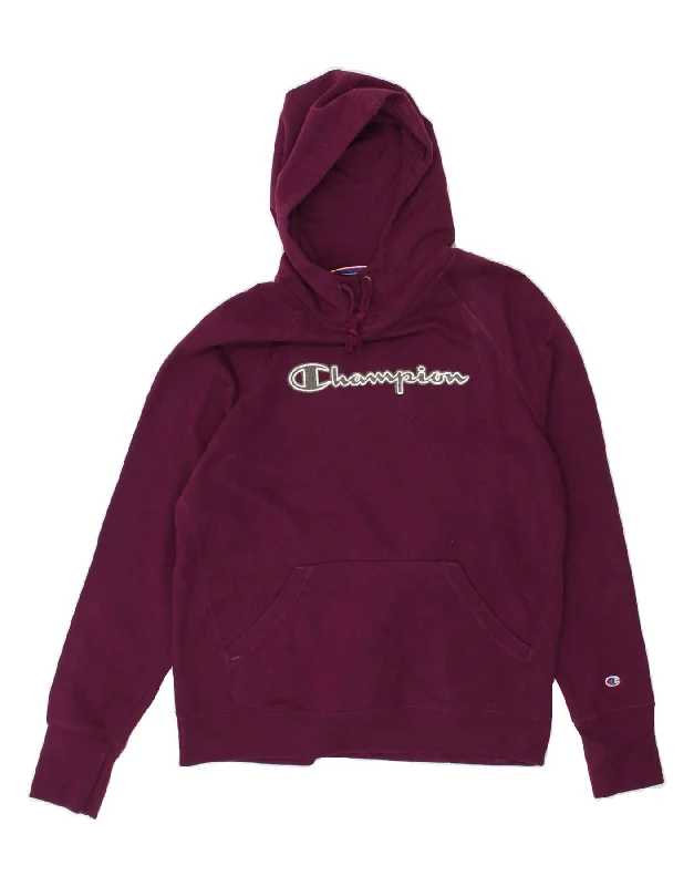 CHAMPION Womens Graphic Hoodie Jumper UK 14 Medium Purple Hoodie with Distressed Vintage Worn CHAMPION Womens Graphic Hoodie Jumper UK 14 Medium Purple Hoodie with Distressed Vintage Worn