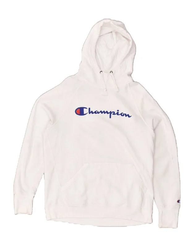 CHAMPION Womens Graphic Hoodie Jumper UK 16 Large White Cotton Hoodie with Hem Applique Textured Unique CHAMPION Womens Graphic Hoodie Jumper UK 16 Large White Cotton Hoodie with Hem Applique Textured Unique