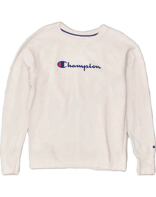 CHAMPION Womens Graphic Sweatshirt Jumper UK 16 Large White Polyester Hoodie with Ribbed Neckline Snug Warm CHAMPION Womens Graphic Sweatshirt Jumper UK 16 Large White Polyester Hoodie with Ribbed Neckline Snug Warm