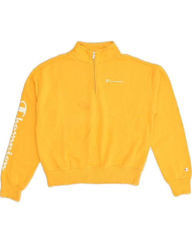 CHAMPION Womens Graphic Zip Neck Sweatshirt Jumper UK 16 Large Yellow Hoodie with Sequins Glamorous Eye-catching CHAMPION Womens Graphic Zip Neck Sweatshirt Jumper UK 16 Large Yellow Hoodie with Sequins Glamorous Eye-catching