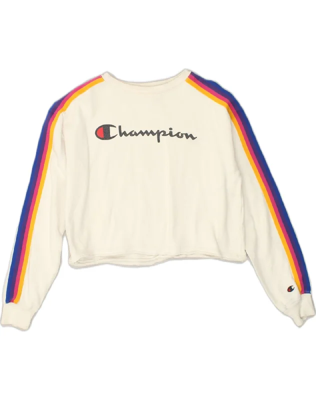 CHAMPION Womens Oversized Crop Sweatshirt Jumper UK 6 XS White Striped Hoodie with Logo Branding Identity CHAMPION Womens Oversized Crop Sweatshirt Jumper UK 6 XS White Striped Hoodie with Logo Branding Identity