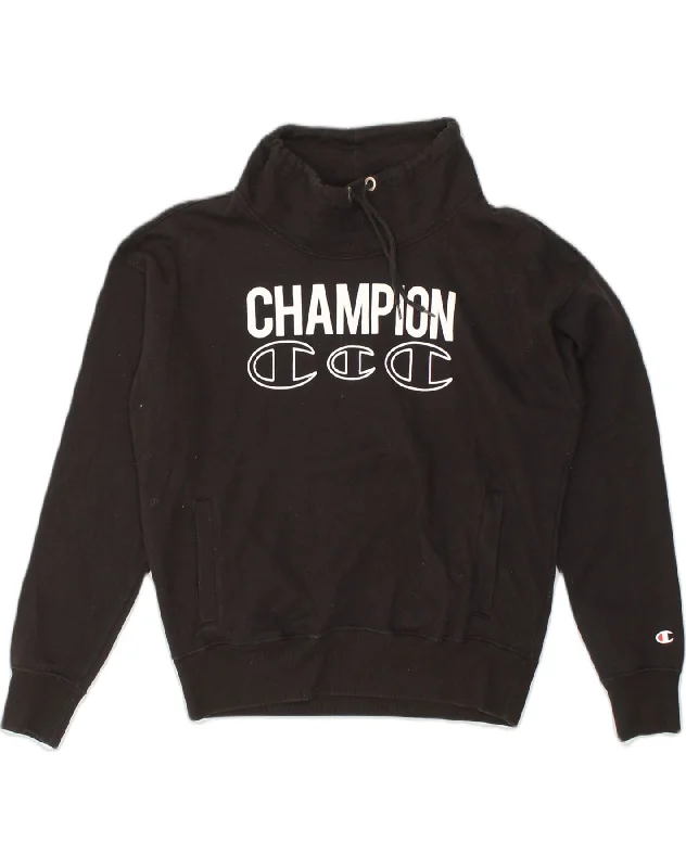 CHAMPION Womens Oversized Graphic Sweatshirt Jumper UK 10 Small Black Hoodie with Patch Decorative Personalized CHAMPION Womens Oversized Graphic Sweatshirt Jumper UK 10 Small Black Hoodie with Patch Decorative Personalized