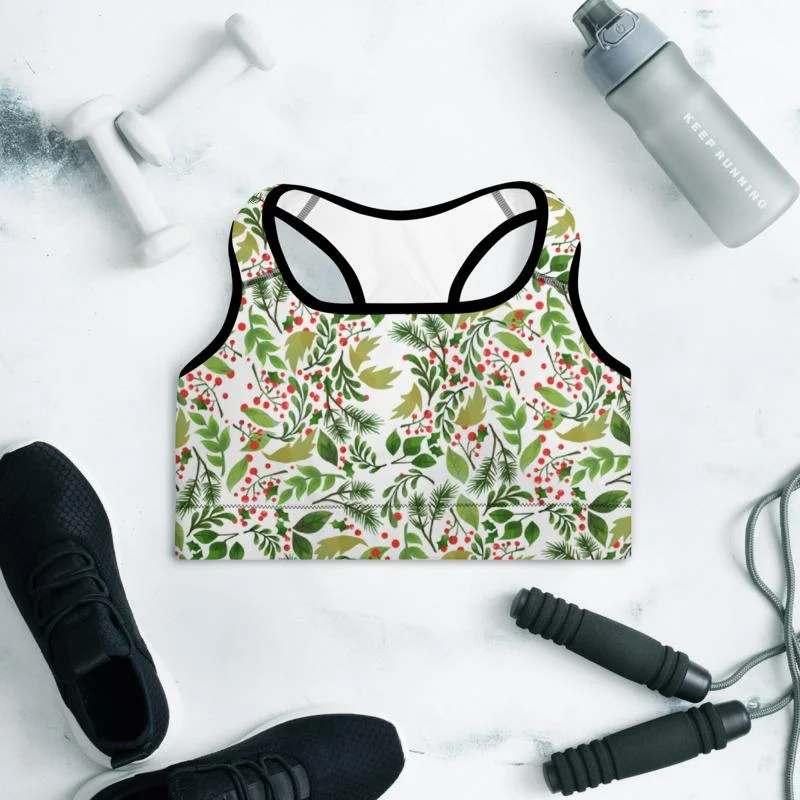 Christmas Floral Sports Bra, Winter Women's Padded Workout Gym Bra- Made in USA/ EU Stylish Strapless Bra Christmas Floral Sports Bra, Winter Women's Padded Workout Gym Bra- Made in USA/ EU Stylish Strapless Bra