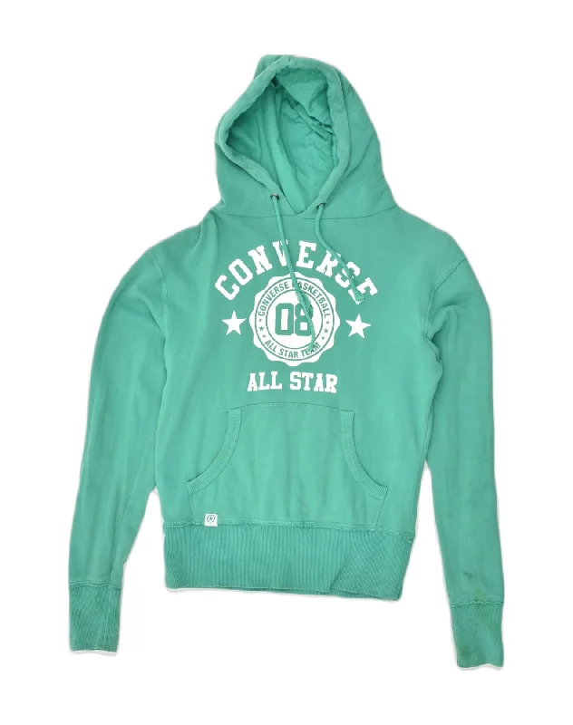 CONVERSE Womens Graphic Hoodie Jumper UK 6 XS Green Cotton Hoodie with Frayed Bohemian Relaxed CONVERSE Womens Graphic Hoodie Jumper UK 6 XS Green Cotton Hoodie with Frayed Bohemian Relaxed