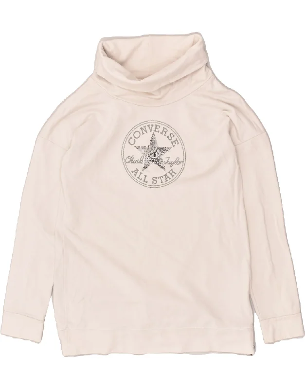 CONVERSE Womens Graphic Roll Neck Sweatshirt Jumper UK 14 Large Off White Hoodie with Neon Bright Vibrant CONVERSE Womens Graphic Roll Neck Sweatshirt Jumper UK 14 Large Off White Hoodie with Neon Bright Vibrant