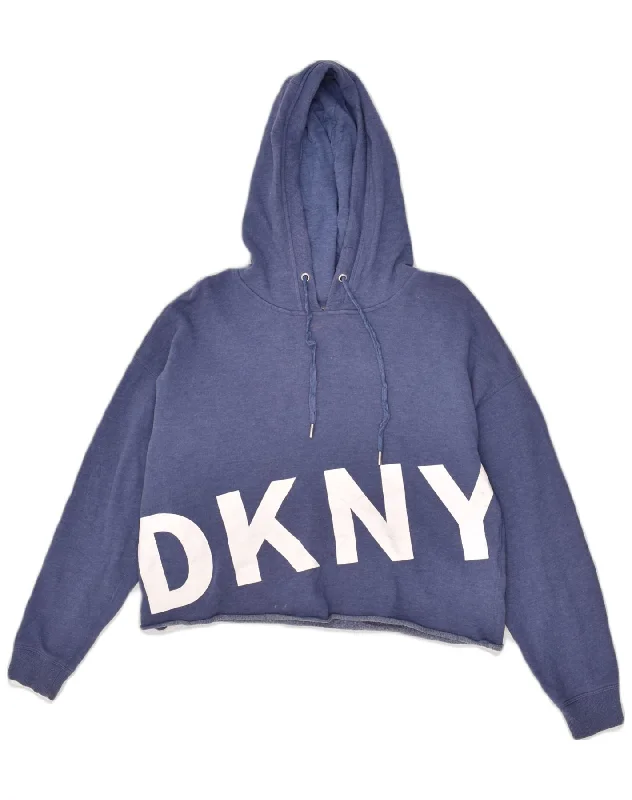 DKNY Womens Crop Graphic Hoodie Jumper UK 8 Small Blue Cotton Hoodie with Hem Drawcord Adjustable Customizable DKNY Womens Crop Graphic Hoodie Jumper UK 8 Small Blue Cotton Hoodie with Hem Drawcord Adjustable Customizable
