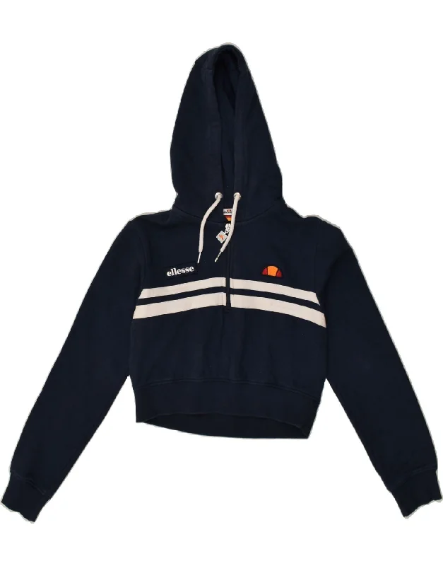 ELLESSE Womens Crop Hoodie Jumper UK 8 Small Navy Blue Cotton Hoodie with Hem Detail Decorative Unique ELLESSE Womens Crop Hoodie Jumper UK 8 Small Navy Blue Cotton Hoodie with Hem Detail Decorative Unique