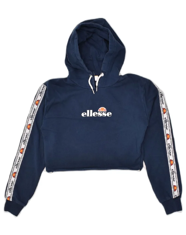 ELLESSE Womens Graphic Crop Hoodie Jumper UK 6 XS Navy Blue Cotton Hoodie with Monochrome Minimalist Simple ELLESSE Womens Graphic Crop Hoodie Jumper UK 6 XS Navy Blue Cotton Hoodie with Monochrome Minimalist Simple