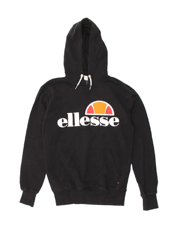 ELLESSE Womens Graphic Hoodie Jumper UK 6 XS Navy Blue Cotton Hoodie with High-Low Hem Asymmetrical Trendy ELLESSE Womens Graphic Hoodie Jumper UK 6 XS Navy Blue Cotton Hoodie with High-Low Hem Asymmetrical Trendy