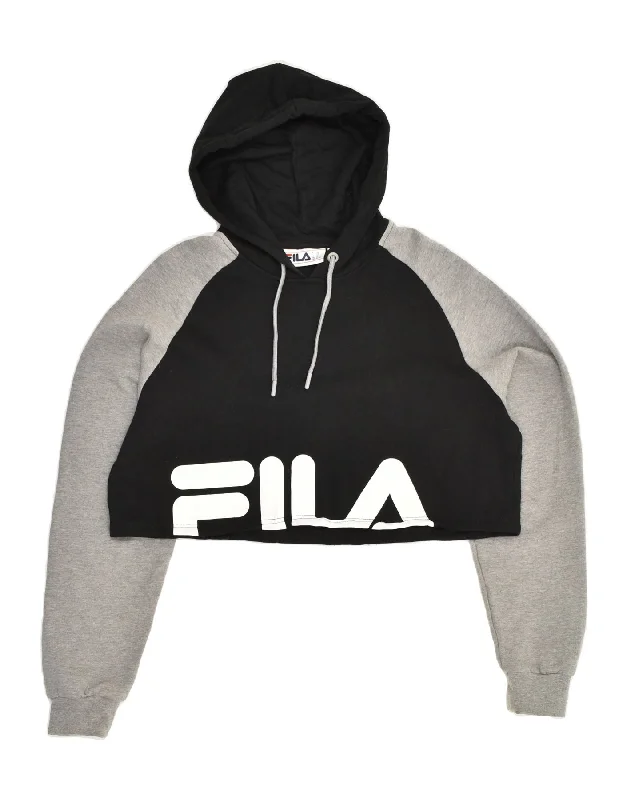 FILA Womens Crop Graphic Hoodie Jumper IT 50 XL Black Colourblock Cotton Hoodie with Half-Zip Sporty Casual FILA Womens Crop Graphic Hoodie Jumper IT 50 XL Black Colourblock Cotton Hoodie with Half-Zip Sporty Casual