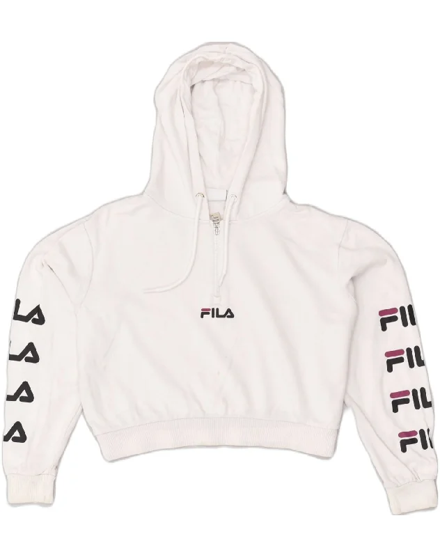 FILA Womens Crop Graphic Hoodie Jumper UK 12 Medium White Cotton Hoodie with Zipper Versatile Modern FILA Womens Crop Graphic Hoodie Jumper UK 12 Medium White Cotton Hoodie with Zipper Versatile Modern