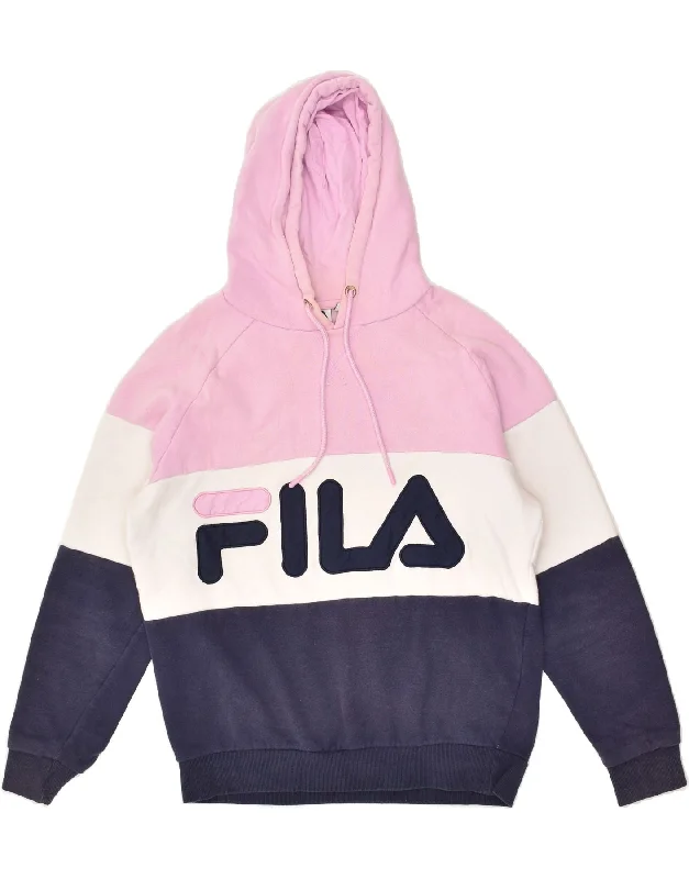 FILA Womens Graphic Hoodie Jumper UK 10 Small Pink Colourblock Cotton Hoodie with Magnetic Closure Innovative Modern FILA Womens Graphic Hoodie Jumper UK 10 Small Pink Colourblock Cotton Hoodie with Magnetic Closure Innovative Modern