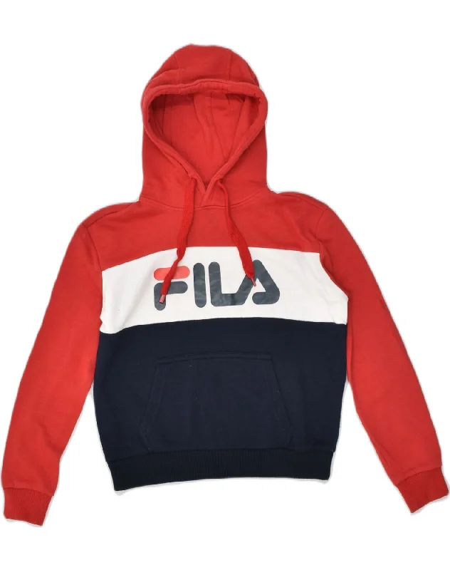 FILA Womens Graphic Hoodie Jumper UK 6 XS Red Colourblock Cotton Hoodie with Hem Ribbing Snug Secure FILA Womens Graphic Hoodie Jumper UK 6 XS Red Colourblock Cotton Hoodie with Hem Ribbing Snug Secure
