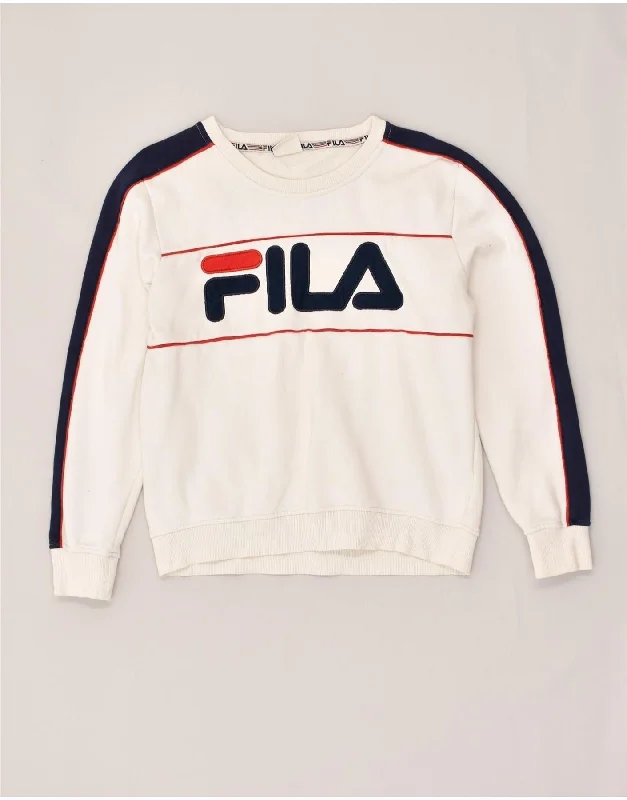 FILA Womens Graphic Sweatshirt Jumper UK 12 Medium White Cotton Hoodie with Button Placket Classic Preppy FILA Womens Graphic Sweatshirt Jumper UK 12 Medium White Cotton Hoodie with Button Placket Classic Preppy