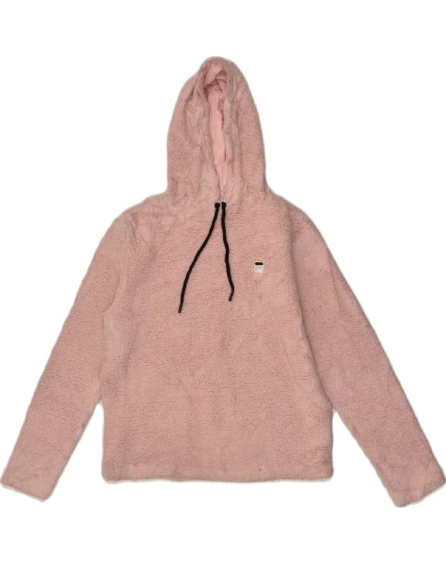 FILA Womens Hooded Fleece Jumper UK 14 Medium Pink Cotton Hoodie with Hem Frayed Vintage Worn FILA Womens Hooded Fleece Jumper UK 14 Medium Pink Cotton Hoodie with Hem Frayed Vintage Worn