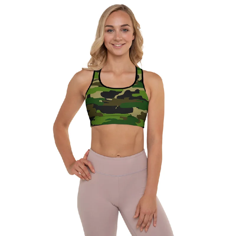 Green Camo Women's Sports Bra, Brown Military Army Padded Gym Bra- Made in USA/EU Strapless Support Bra Green Camo Women's Sports Bra, Brown Military Army Padded Gym Bra- Made in USA/EU Strapless Support Bra