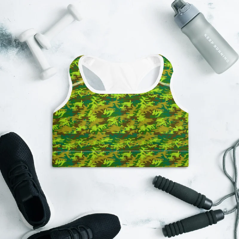 Green Camo Sports Bra, Bright Military Women's Padded Fitness Bra- Made in USA/EU Floral Lace Bra Green Camo Sports Bra, Bright Military Women's Padded Fitness Bra- Made in USA/EU Floral Lace Bra
