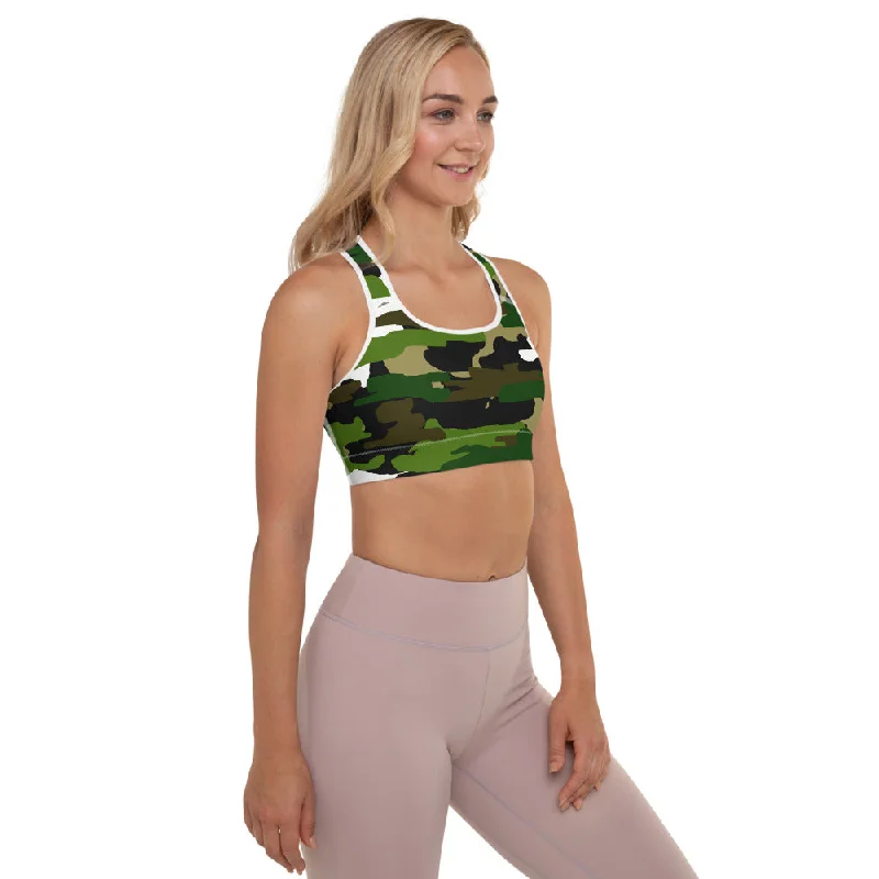 Green Camo Women's Sports Bra, White Military Padded Workout Bra- Made in USA/EU Classic Wire-Free Bra Green Camo Women's Sports Bra, White Military Padded Workout Bra- Made in USA/EU Classic Wire-Free Bra