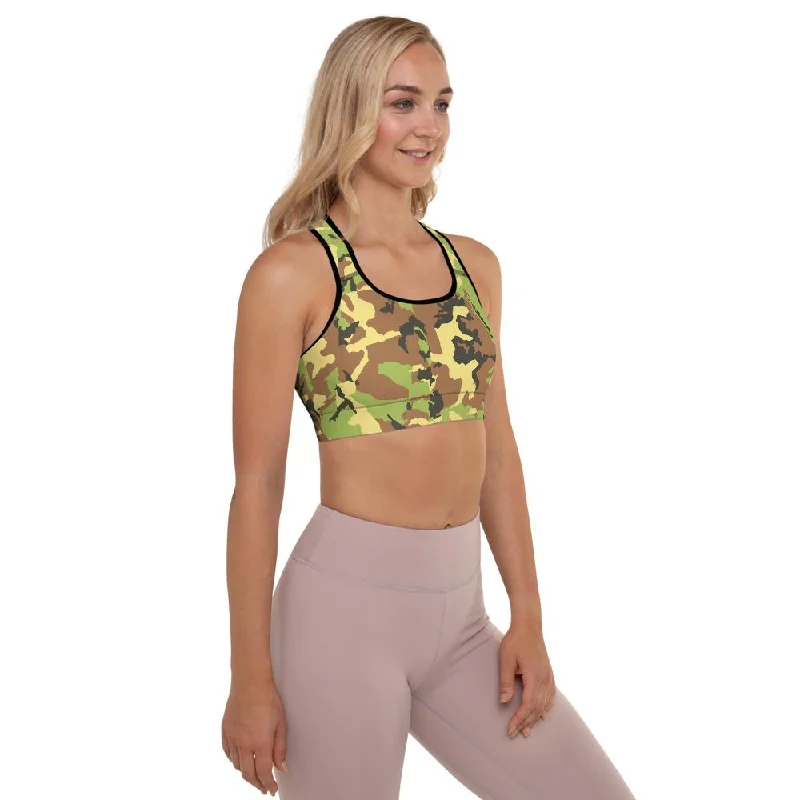 Green Yellow Camo Sports Bra, Army Military Women's Padded Fitness Bra- Made in USA/EU Comfortable Fit Bralette Green Yellow Camo Sports Bra, Army Military Women's Padded Fitness Bra- Made in USA/EU Comfortable Fit Bralette