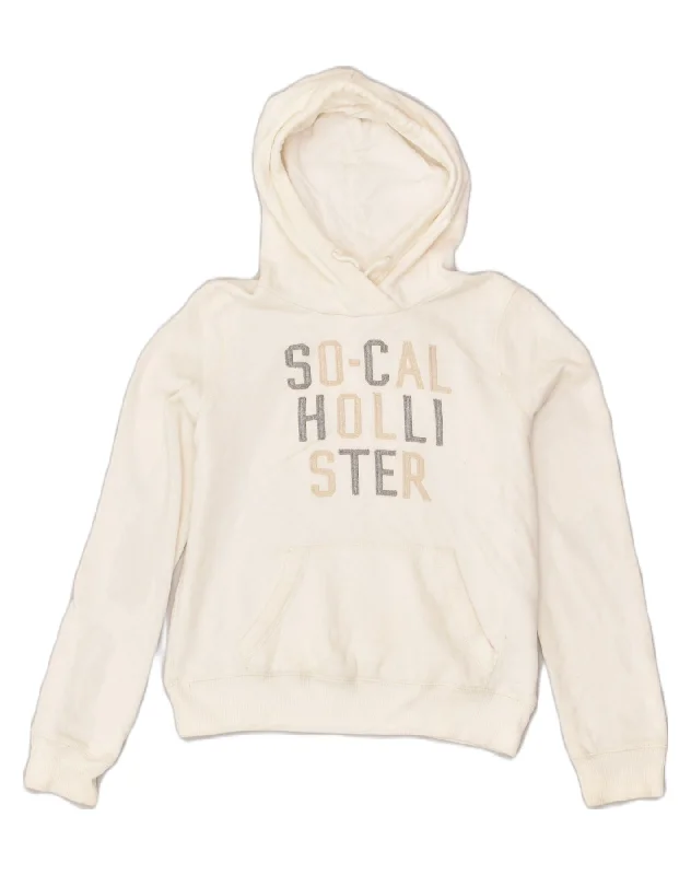 HOLLISTER Womens Graphic Hoodie Jumper UK 10 Small Off White Cotton Hoodie with Tied Waist Feminine Flattering HOLLISTER Womens Graphic Hoodie Jumper UK 10 Small Off White Cotton Hoodie with Tied Waist Feminine Flattering