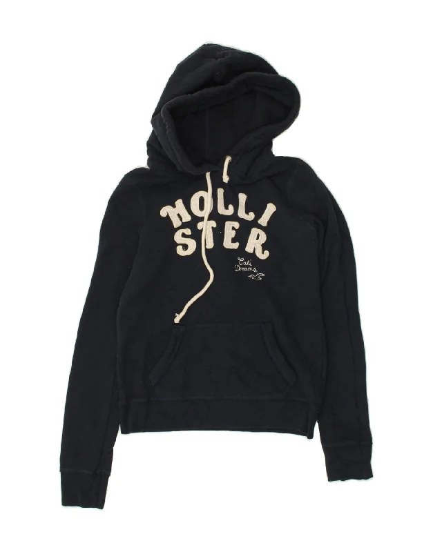 HOLLISTER Womens Graphic Hoodie Jumper UK 12 Medium Navy Blue Cotton Hoodie with Longline Fit Extended Stylish HOLLISTER Womens Graphic Hoodie Jumper UK 12 Medium Navy Blue Cotton Hoodie with Longline Fit Extended Stylish