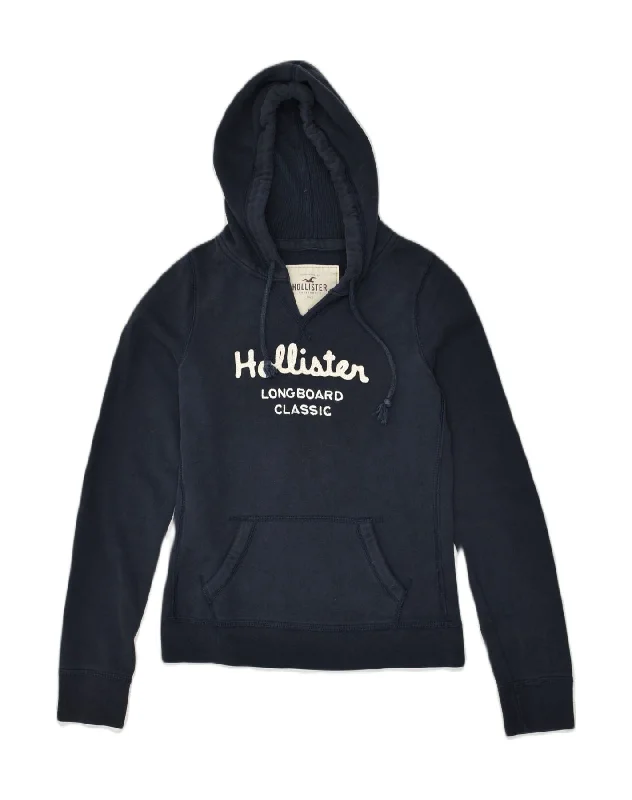 HOLLISTER Womens Graphic Hoodie Jumper UK 14 Medium Navy Blue Cotton Hoodie with Hem Applique Textured Unique HOLLISTER Womens Graphic Hoodie Jumper UK 14 Medium Navy Blue Cotton Hoodie with Hem Applique Textured Unique