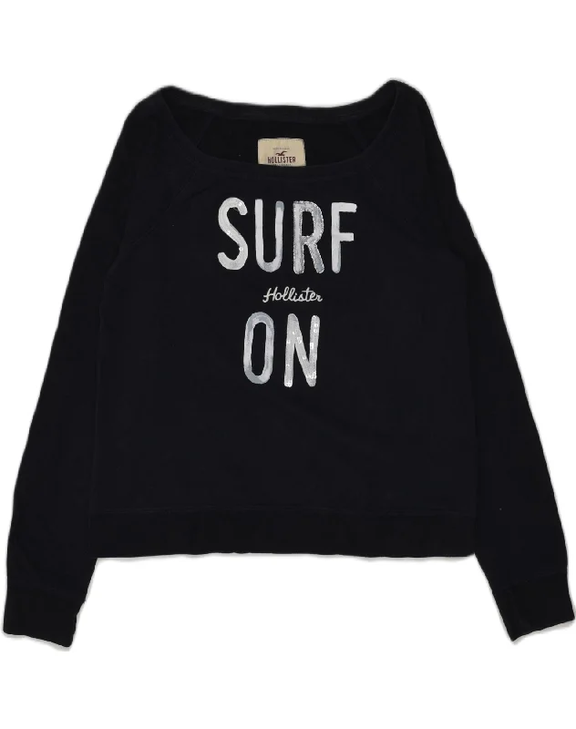 HOLLISTER Womens Graphic Sweatshirt Jumper UK 14 Large Navy Blue Cotton Hoodie with Lace Feminine Delicate HOLLISTER Womens Graphic Sweatshirt Jumper UK 14 Large Navy Blue Cotton Hoodie with Lace Feminine Delicate