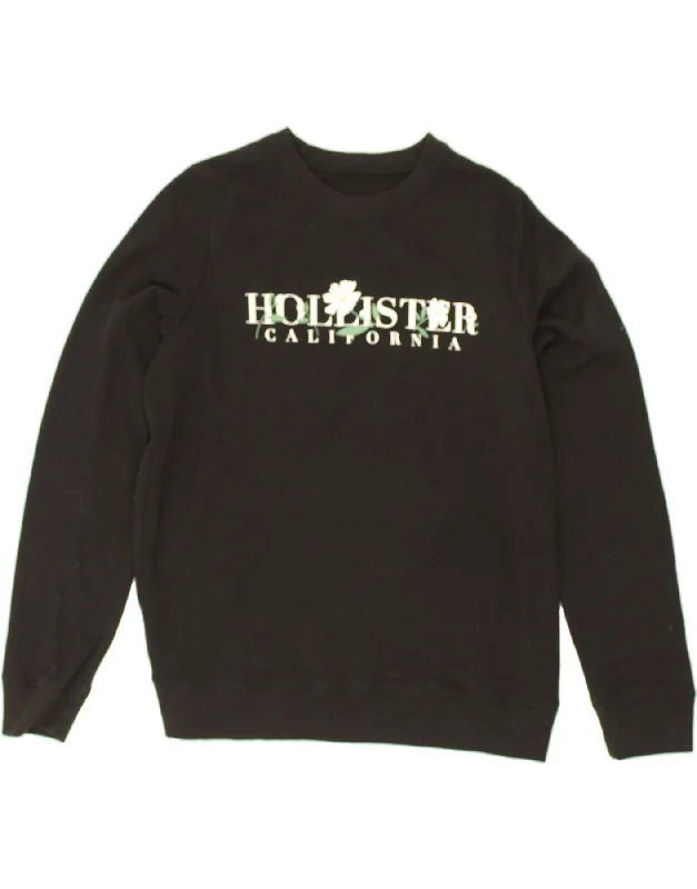 HOLLISTER Womens Graphic Sweatshirt Jumper UK 14 Medium Black Floral Hoodie with Bell Sleeves Flared Feminine HOLLISTER Womens Graphic Sweatshirt Jumper UK 14 Medium Black Floral Hoodie with Bell Sleeves Flared Feminine