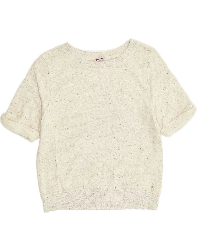 JUICY COUTURE Womens Short Sleeve Sweatshirt Jumper UK 4 XS White Flecked Hoodie with Hem Frayed Vintage Worn JUICY COUTURE Womens Short Sleeve Sweatshirt Jumper UK 4 XS White Flecked Hoodie with Hem Frayed Vintage Worn